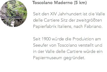 ﷯Toscolano Maderno (5 km) Seit den XIV Jahrhundert ist die Valle delle Cartiere Sitz der zweitgrößten Papierfabrik Italiens, nach Fabriano. Seit 1900 würde die Produktion am Seeufer von Toscolano verstellt und in der Valle delle Cartiere würde ein Papiermuseum gegründet.